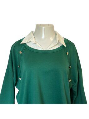 Vtg French Laundry Womens 1X Top Green Layered-Look Buttons White Collar 3/4